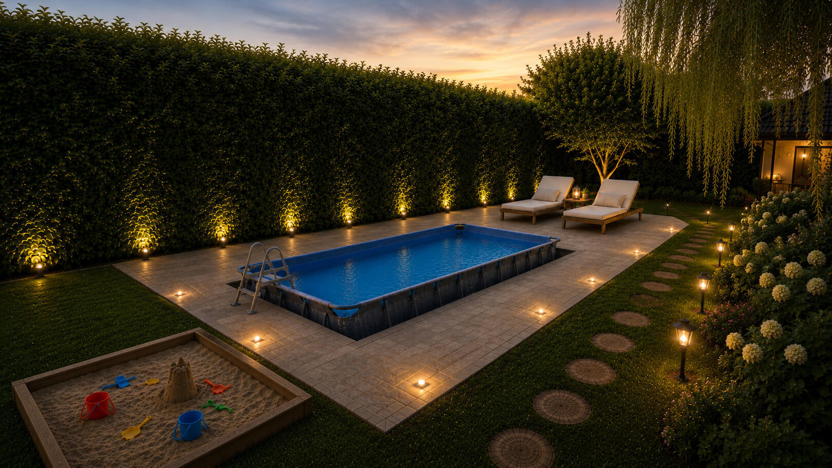 Stimmungsvoller Gartenweg im Abendlicht