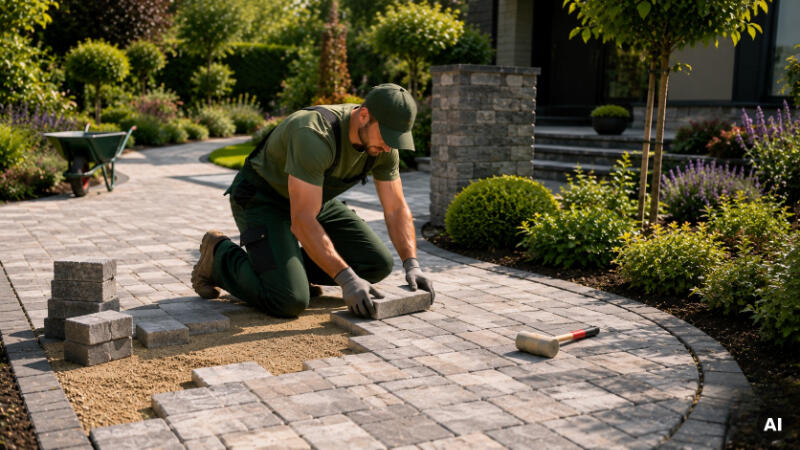 Pflasterarbeiten im gepflegten Garten